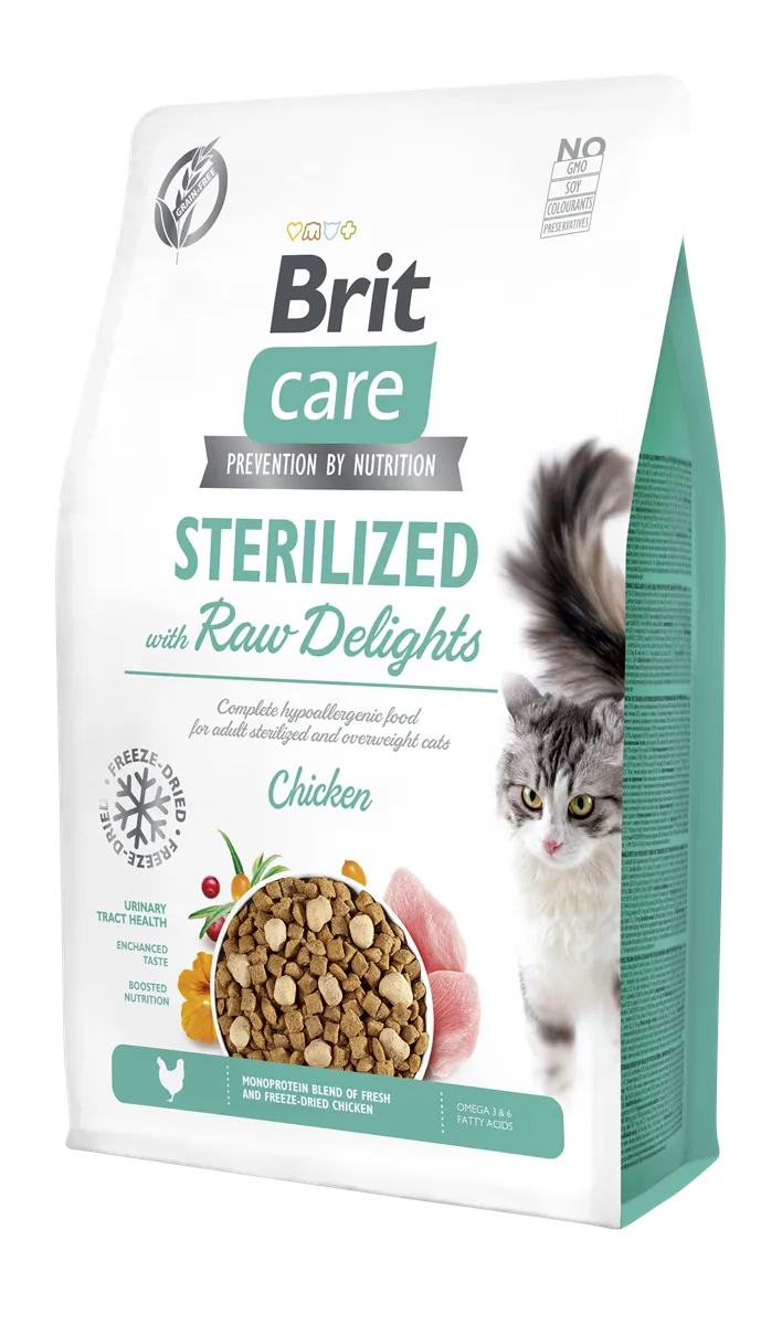 Brit Care Sterilized Raw Delight, Kısırlaştırılmış Kediler için Tavuk Etli Dondurularak Kurutulmuş Mama 2 kg 1